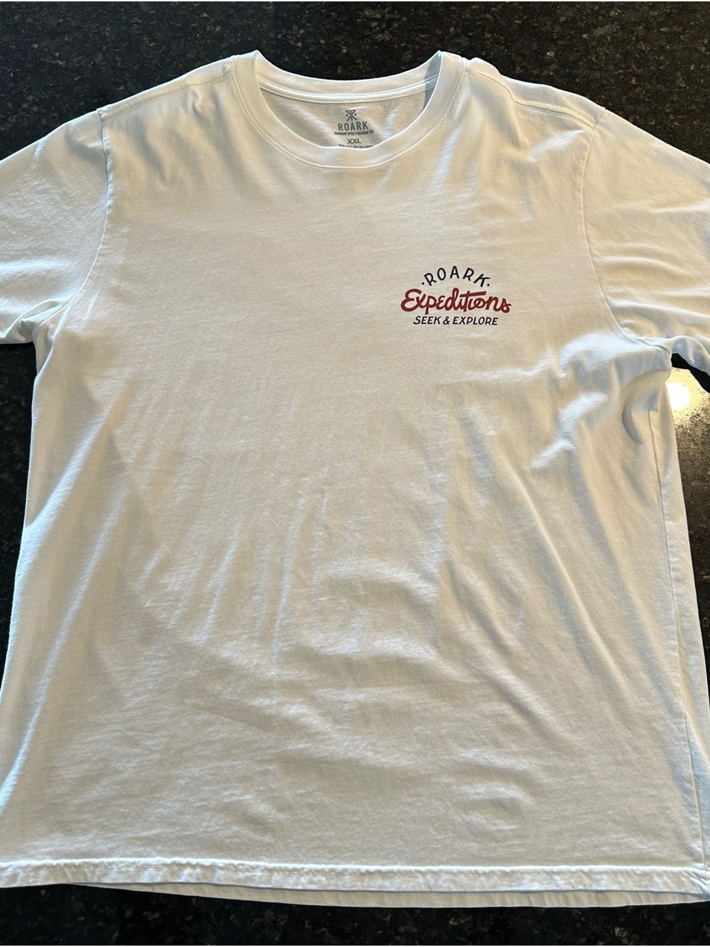 Roark White Crewneck Tee with Red Chest Script